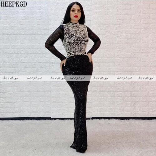 Sparkly Black Evening Dress Long Sleeves White Pearls Dubai Prom Gowns Customize Sheath Floor Length Long Formal Occasion Dress