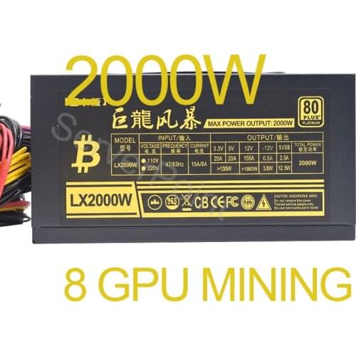 AC 110-264v ATX Pc 1800W 2000W 1600W Power Supply 8 Graphics Card Ethereum ETH BTC Mining Antminer Psu For US CA BR Voltage
