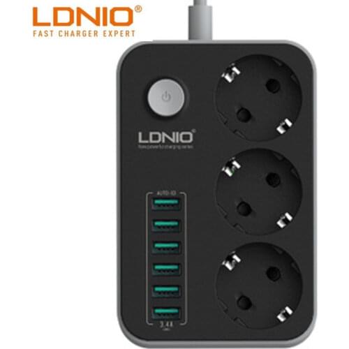 LDNIO USB Power Strip Charging 6 USB Port 5V 3.4A Charger Adapters 3 AC Power Socket Outlets EU Plug Extension Socket