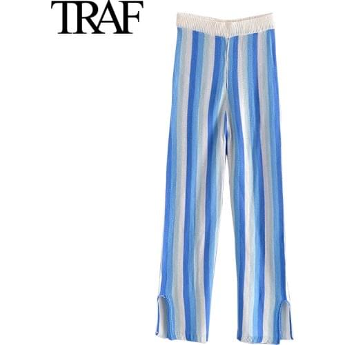 Traf Za Womens Clothing Street Fashion Knitted Wide Leg Long Pants High Waist Loose Striped Trousers Mujer