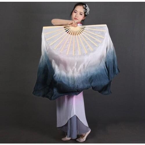 Ink-Blue Double-Side long 100% real Silk Fans Veils Chinese Classical Yangko short Fans Performance Show Props Big Size