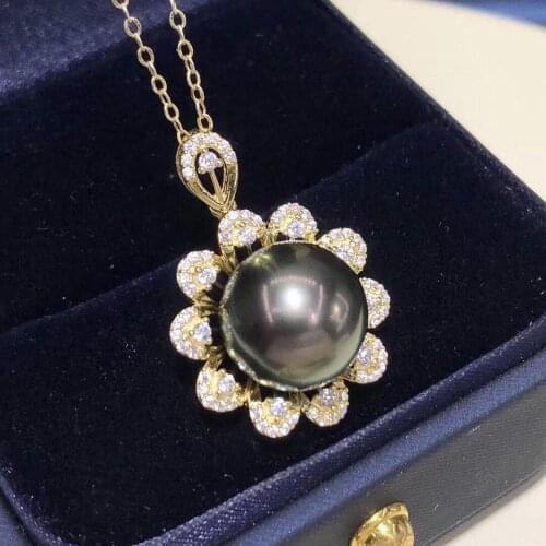 D609 Pearl Pendant Fine Jewelry 925 Sterling Silver Zircons Round 11-12mm Nature Sea Water Tahiti Black Pearls Pendants Necklace