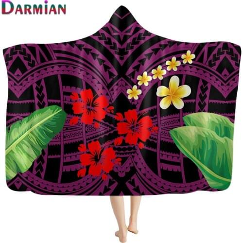 DARMIAN Hawaiian Hibiscus Plumeria Print Polynesian Sherpa Fleece Adult Kids Hooded Blanket Soft Wearable Throw Blankets Winter