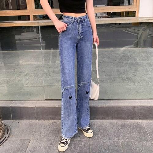 FINEWORDS Knee Heart Embroidery Wide Leg Jeans Korean Casual High Waist Mom Jeans Vintage Full Length Classic Blue Denim Pants