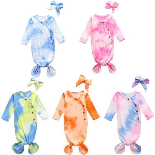 FOCUSNORM 0-12M Newborn Baby Girls Boys Sleeping Bags Tie-Dye Printed Long Sleeve Button Blanket Headband 2pcs