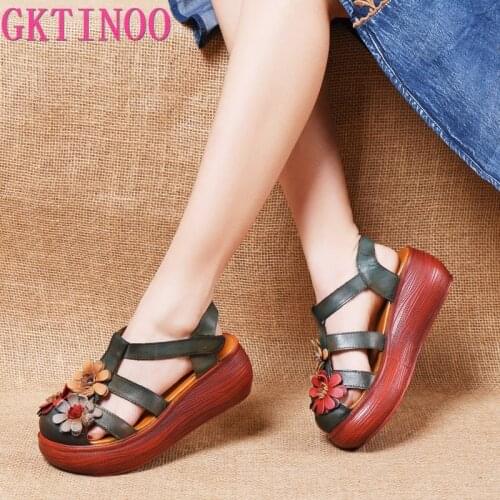 GKTINOO Summer Wedges Genuine Leather Womens Sandals Ladies Casual With Flowers Shoes Woman Platform Rome Slides For Women