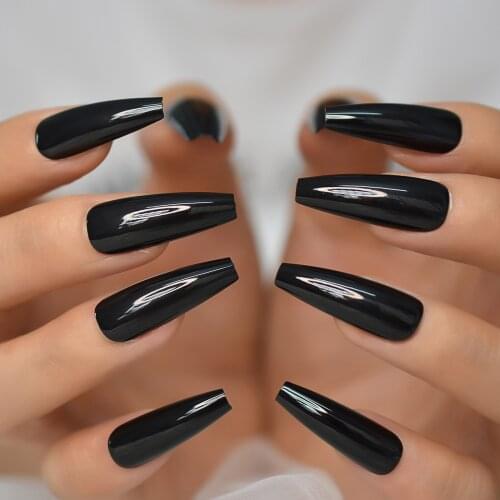 Glossy Coffin Press on Nail Tips Black Extra Long Design False Ballerina Nails Flat Shape Manicure Fake Nail Tips for Women Girl