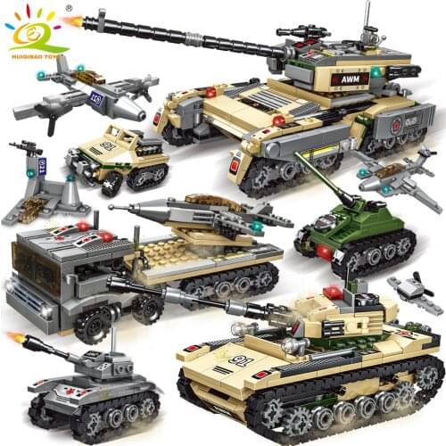 HUIQIBAO 1030PCS 8in1 WW2 Army Tank Building Block Military Car Plane Truck Weapon Model Brick Set Construction Toy for Children