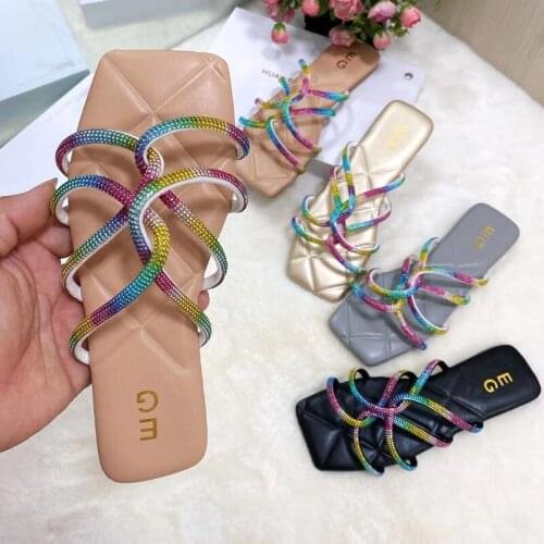 Summer Rhinestone Flat Sandals Open Toe Comfortable Womens Shoes Casual Outdoor Beach Slippers Plus Size