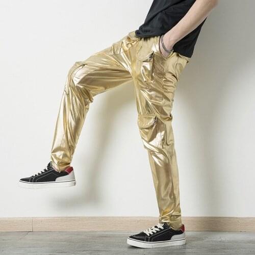 Metallic Bright Surface Imitation Leather Pants Multi-pocket Hot Stamping Casual Pants Male Gold Silver Harem Pants Nightclub
