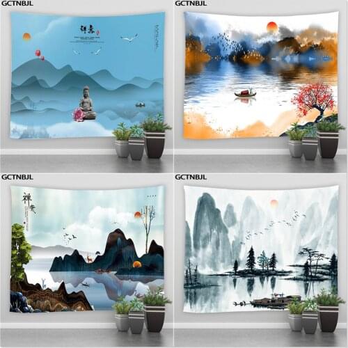 Chinese Style Landscape Wall Hanging Tapestry China Ink Painting Sun Mountain Forest Hippie Tapestries Bedroom Living Room Decor