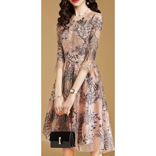 Autumn Dresses Women Clothes Senior Embroidery Gauze Lace Slim A-Line Dress New Ladies Nightclub Evening Party Dresses