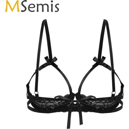 Sexy Erotic Hot Women Open Cup Bra Erotic See Through Sheer Lace Lingerie Open Nipple Back Tie Up Underwired Shelf Bra Underwear