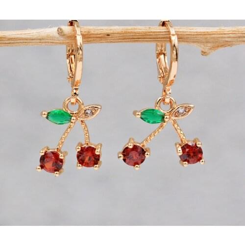 Trendy Gold Dangle Plant Cherry Earrings Red Green Cubic Zirconia Stone For Women Girls Fashion Jewelry Accessories Wedding Gift