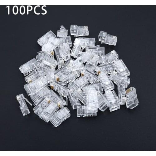 100Pcs CAT5e 8P8C RJ45 Network Cable Connector RJ45 Network Modular Plug End Pass Through Crystal Head