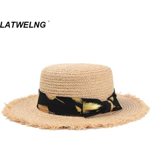 New Feather Printed Bow Raffia Hat For women Summer flat Sun Hats Dress Up Tea Party Hat Wholesale
