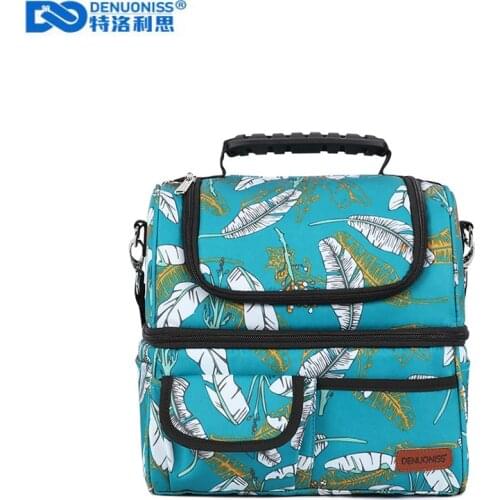 DENUONISS Printing Women Lunch Bag Collapsible Portable Ladies 2 Compartment Picnic Bag Insulated Thermal Cooler Bag For Food