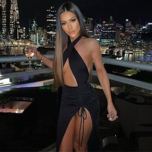 Townlike Halter Drawstring Sexy Bodycon Bandage Dress Women 2021 Summer Dress Split Hollow Out Backless Long Maxi Dresses