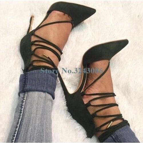 Pointed Toe Cross Tied Thin High Heel Pumps Black Faux Suede Stiletto Heel Women Shoes Casual Sexy Lace Up Dress Ladies Shoes