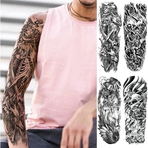 Waterproof Temporary Full Arm Tattoo Sticker Lion Fox Skull Forest Flower Flash Tattoos Man Body Art Fake Sleeve Tatto Female