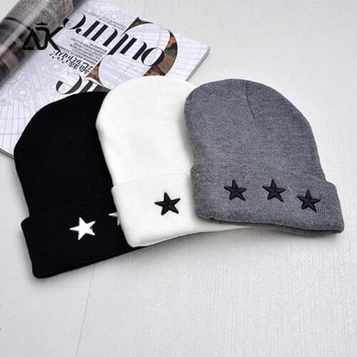 Embroidery Hip Hop Knitted Hat Womens Winter Cap Outdoor Stars Bonnet Solid Color Ski Hat Female Spring Autumn Skullies Beanies