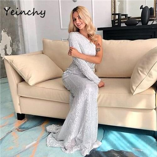 Yeinchy women sexy One Shoulder Luxury Stretchy Sequin Party maxi Dress Bodycon Floor Length Backless Female ladies FY2003