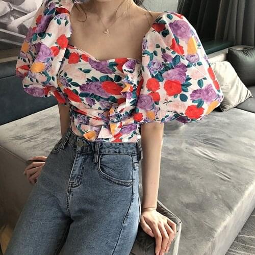 Vintage Floral Women Blouse Summer Design 2021 Square Collar Puff Sleeved Bandage Slim Short Empired Female Pulls Tops Tees