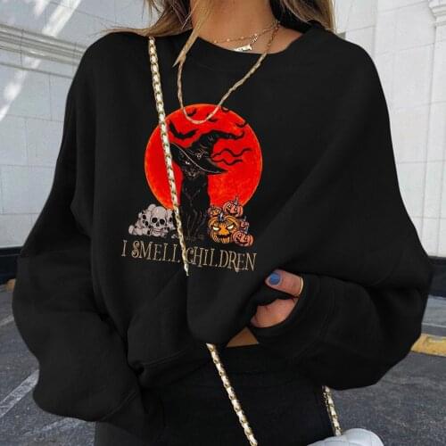 Women Long Sleeve Cat Skull Pumpkin Printing Halloween Pullover Sweatshirt Top Shirt Solid Color Casual Daily All-match T-shirt