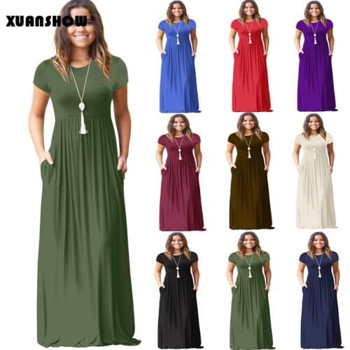 XUANSHOW 2021 Womens Solid Color Pocket Long Dresses Short Sleeve Spring Summer Maxi long Dress T Shirt Dress vestido de mujer
