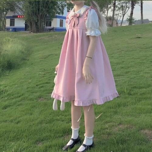 Summer New Sweet Girl Japanese Cute Lolita Pink Fairy Dress Preppy Style Bunny Lolita Maid Harajuku Woman Soft Sister Cute Dress