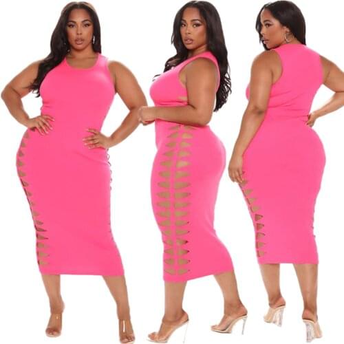 Plus Size Dresses for Women 2021 Wholesale Summer Ribbing Pink Bodycon Stretch Bandage Maxi Dress Elegant Outfits Dropshipping