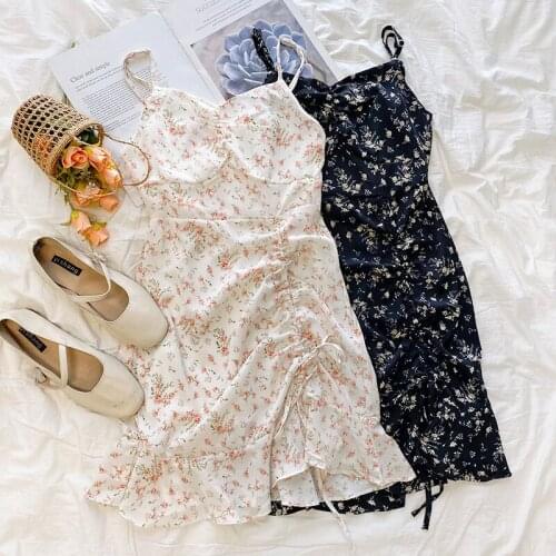 Temperament Floral Summer V-neck Slim Lotus Leaf Sling Dress