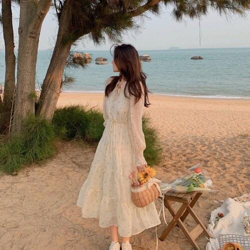 V-neck Elegant Sweet Dress Women Long Sleeve Chiffon Floral Dress Party Beach Dress For Females Korean Style 2021 Summer