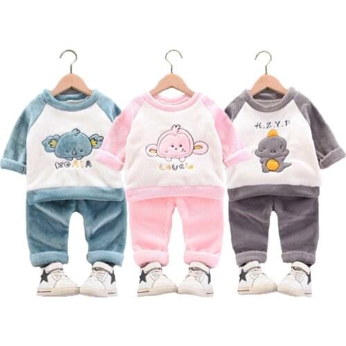 2021 New Winter Keep Warm Velvet Girls And Boys Clothing Set Cartoon Dinosaur Koala And Monkeys Home Wear Toddler Suit For Kids