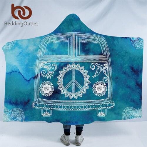 BeddingOutlet Watercolor Mini Van Hooded Blanket Blue Mandala Sherpa Fleece Wearable Blanket Peace Design Boho Throw Blankets