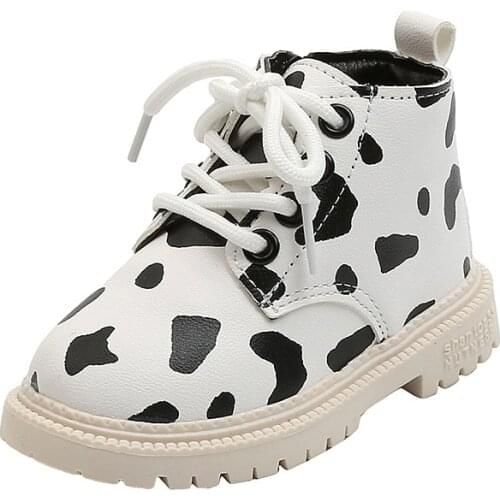 Girls Spotted Leather Boots Non-slip Soft Bottom Side Zipper Leather Boots Waterproof Warm Single Shoes Spring and Autumn Boys