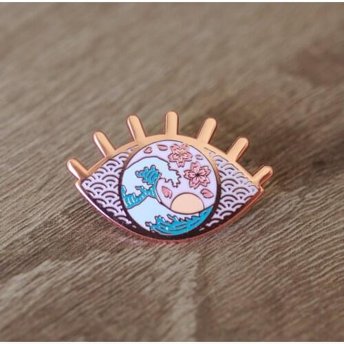 Beautiful Sunset Eye Hard Enamel Pin Cute Cartoon Great Wave Cherry Blossoms Rose Gold Brooch Fashion Lapel Backpack Pin Jewelry