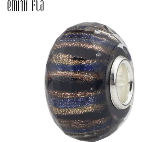 Emith Fla 925 Sterling Silver Large Hole Charm Beads Round Blue Sand Murano Glass European Fit Brand Bracelet Jewelry Makings