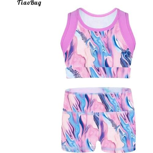 TiaoBug Kids Girls Colorful Suit Sleeveless Tie-Dye Tanks Crop Top With Boy-Cut Shorts For Gymnastic Workout Dance Yoga Running