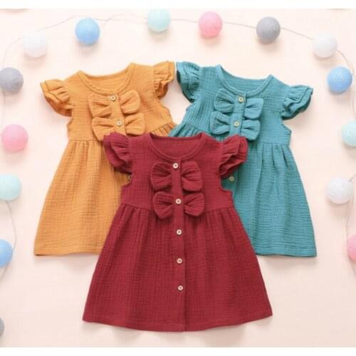 Kids Dress Girls Sleeveless Summer Outfits Baby Cotton and Linen Bow Ruffle Pretty Princess Dresses Children Clothes for 1-6Y