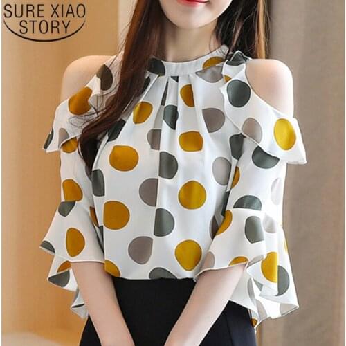 Stand Collar Off-Shoulder Short Sleeve Elegant Chiffon Blouse Korean Loose Polka Dot Slim Fit Women Tops Chemisier Femme 8983 50