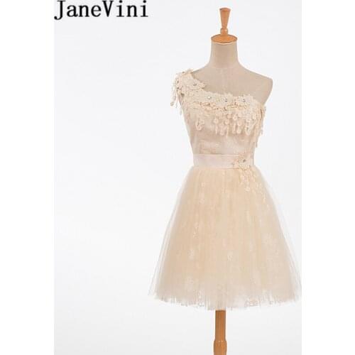 JaneVini Elegant Champagne Tulle Short Bridesmaid Dress A Line One Shoulder Lace Appliques Crystal Formal Dress Homecoming Gowns