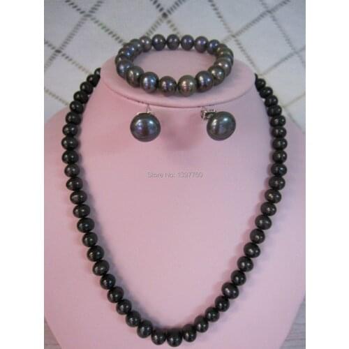 Miss charm Jew.59 Purple&Black Pearl Jewelry Set-Necklace+Bracelet+Earrings-100%Guarantee Genuine