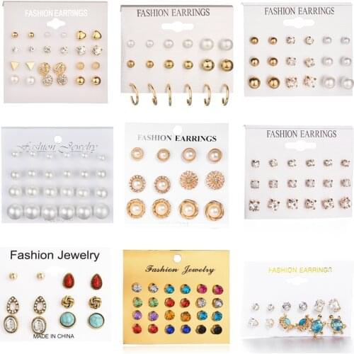 Fashion 26 Style Crystal Heart Flowers Moon Geometric Stud Earrings Set imitation Pearl Earrings for Women Wedding Bride Jewelry