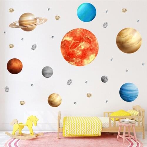 Cartoon Solar System Wall Stickers For Kids Rooms Home Decor Outer Space Planets Wall Decals Boy Baby Room Decorative Stickers