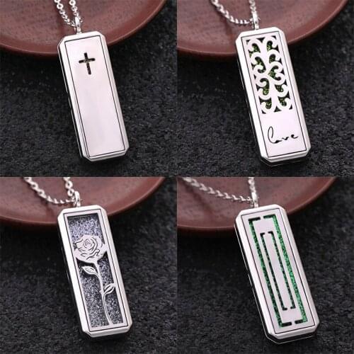 New Rose Rectangle Pendant Stainless Steel Magnetic Perfume Necklace Aromatherapy Essential Oil Diffuser Locket Necklace Jewelry