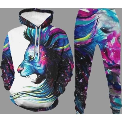 Autumn Tracksuit Suit Trendy Men Set Outfit Lion Printing Long Sleeve Hoodie Sweatshirt Trousers 2-Piece Young Fashion Clothes