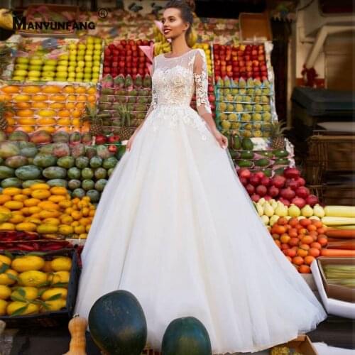 Custom Made Three Quarter Sleeve Court Train Button Bridal Ball Gown Elegant O-Neck Embroidery Appliques Tulle Wedding Dress