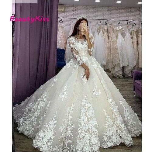 Luxury O-Neck 3D Flowers Ball Gown Princess Bridal Dresses Glitter Tulle Wedding Dresss with 3/4 Sleeves Vestido De Noiva
