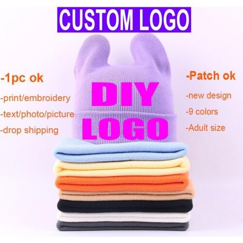 New Horns Design Winter Women Solid Custom Logo Knitting Beanies Skullies Cap Men Casual DIY Print Logo Knitted Hat Caps Gorros